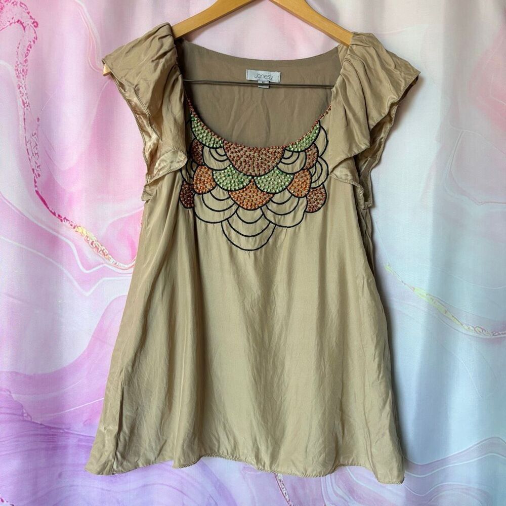 Jonesy XS Tan Mulberry Silk Flutter Sleeve Beaded Bust Blouse Top Luxury Preppy